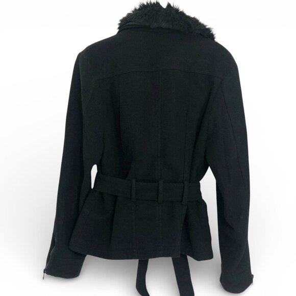 NWOT Last Kiss Black Pea Coat Women's Faux-fur Collar Belted Button Up Size X-LG - Picture 4 of 16